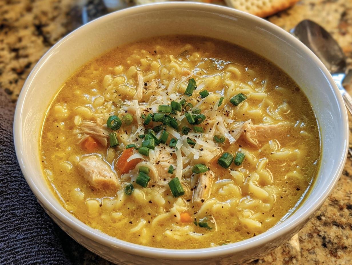 A comforting bowl of Penicillin Soup, featuring chicken, noodles, and vegetables, garnished with cheese and chives.