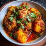 A bowl of Persian Potato Curry, featuring potatoes in a rich, flavorful sauce, garnished with fresh cilantro.