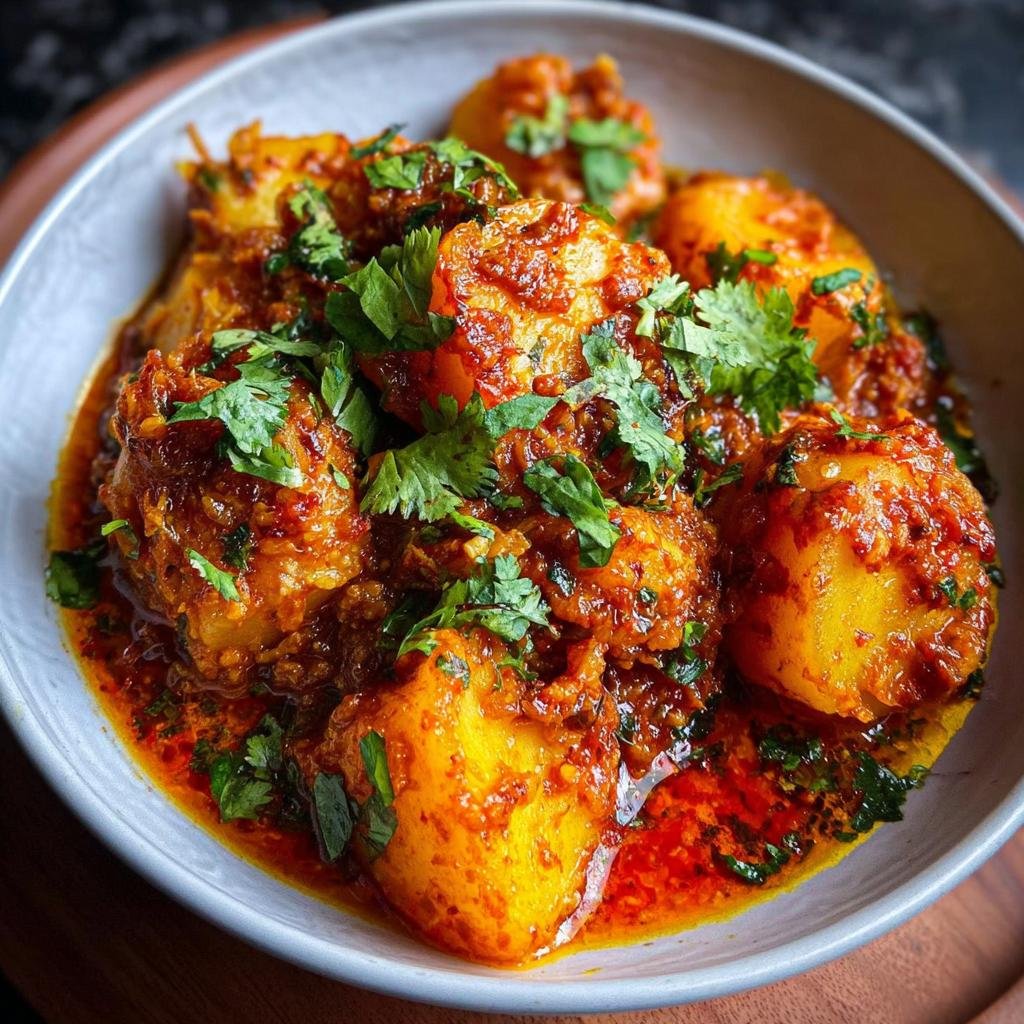 A bowl of Persian Potato Curry, featuring potatoes in a rich, flavorful sauce, garnished with fresh cilantro.