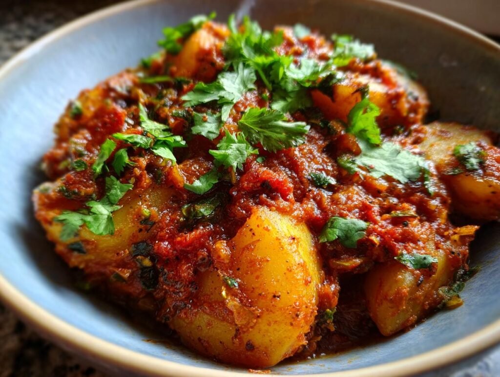 A serving of Persian Potato Curry in a blue bowl, garnished with fresh cilantro.