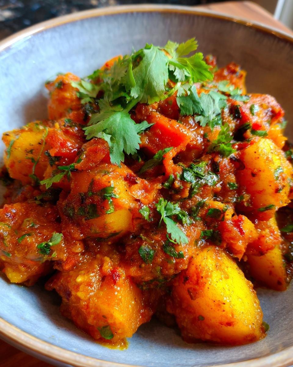 A bowl of vibrant Persian Potato Curry, garnished with fresh cilantro, ready to be served.