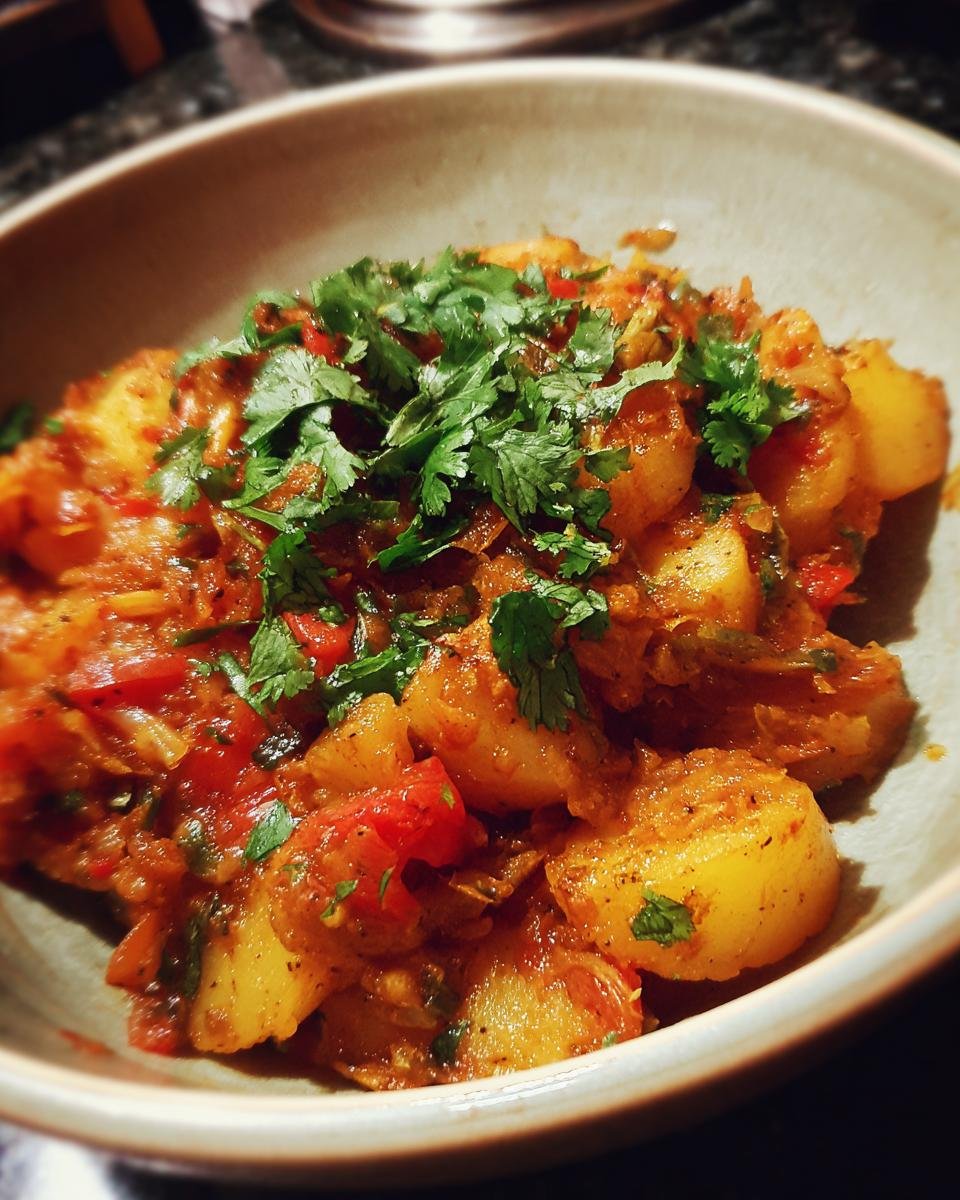 A bowl of delicious Persian Potato Curry, garnished with fresh cilantro. Ready to eat!