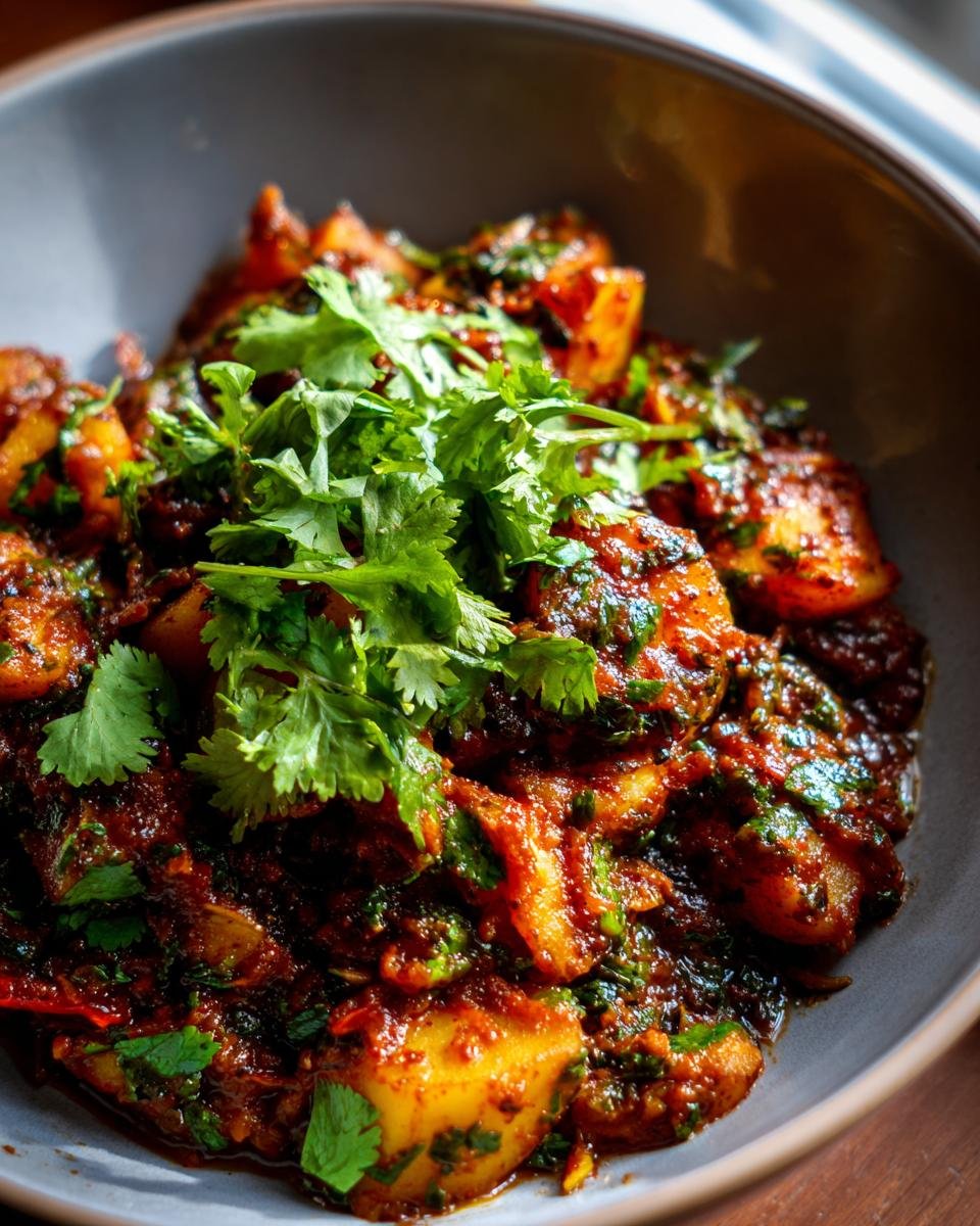 A bowl of flavorful Persian Potato Curry, garnished with fresh cilantro.
