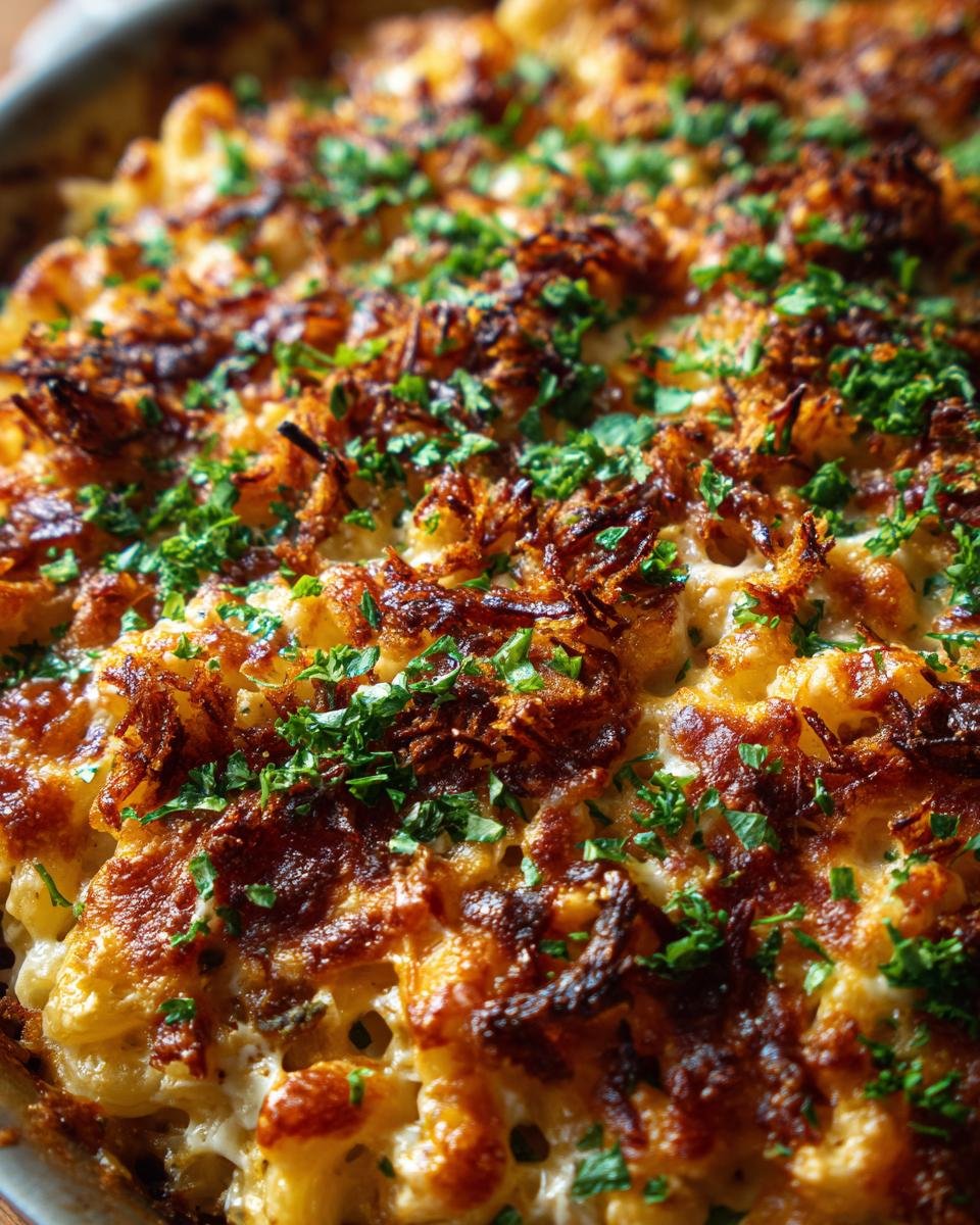 Close-up of Philly Cheesesteak Mac & Cheese, featuring a golden-brown crust, cheese, and parsley garnish.