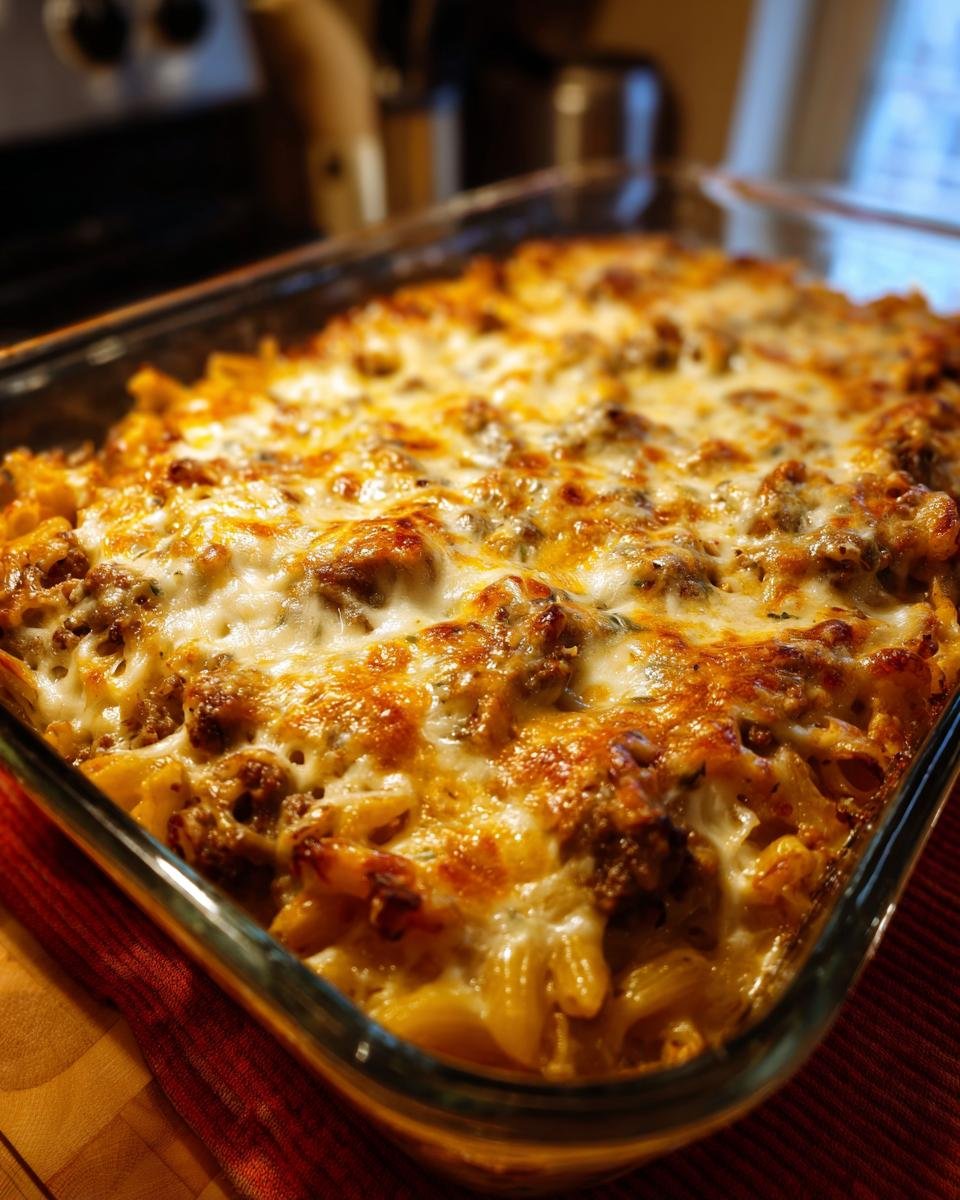 A baking dish filled with Philly Cheesesteak Mac & Cheese, topped with melted cheese.