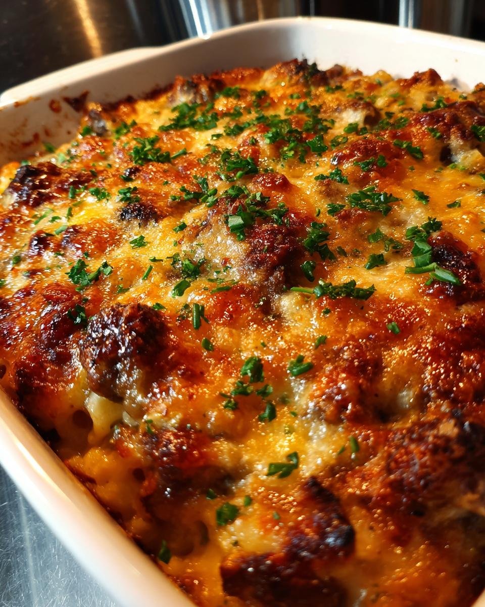 Close-up of Philly Cheesesteak Mac & Cheese in a baking dish, topped with melted cheese and parsley.