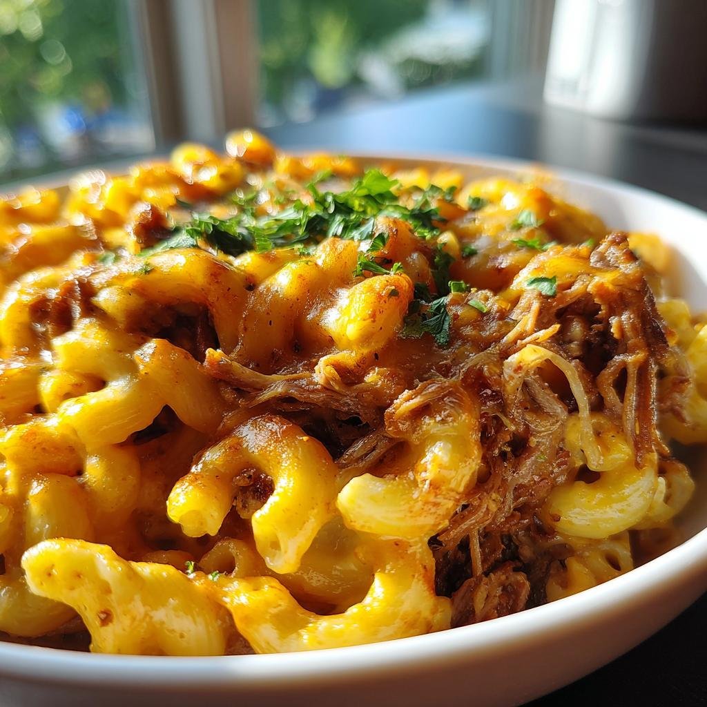 A bowl of Philly Cheesesteak Mac & Cheese, topped with shredded beef and parsley.
