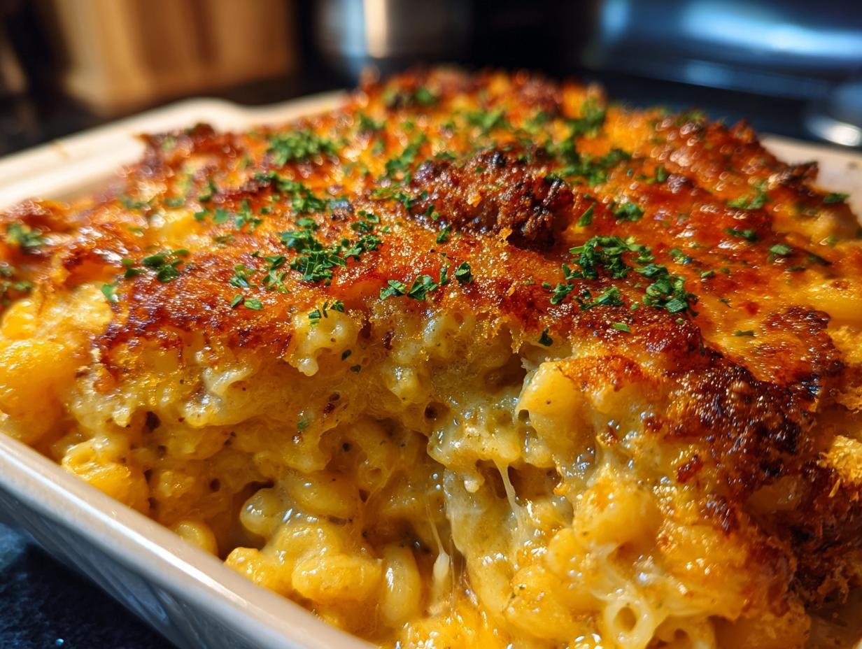 Close-up of Philly Cheesesteak Mac & Cheese casserole with a golden, cheesy crust and parsley garnish.