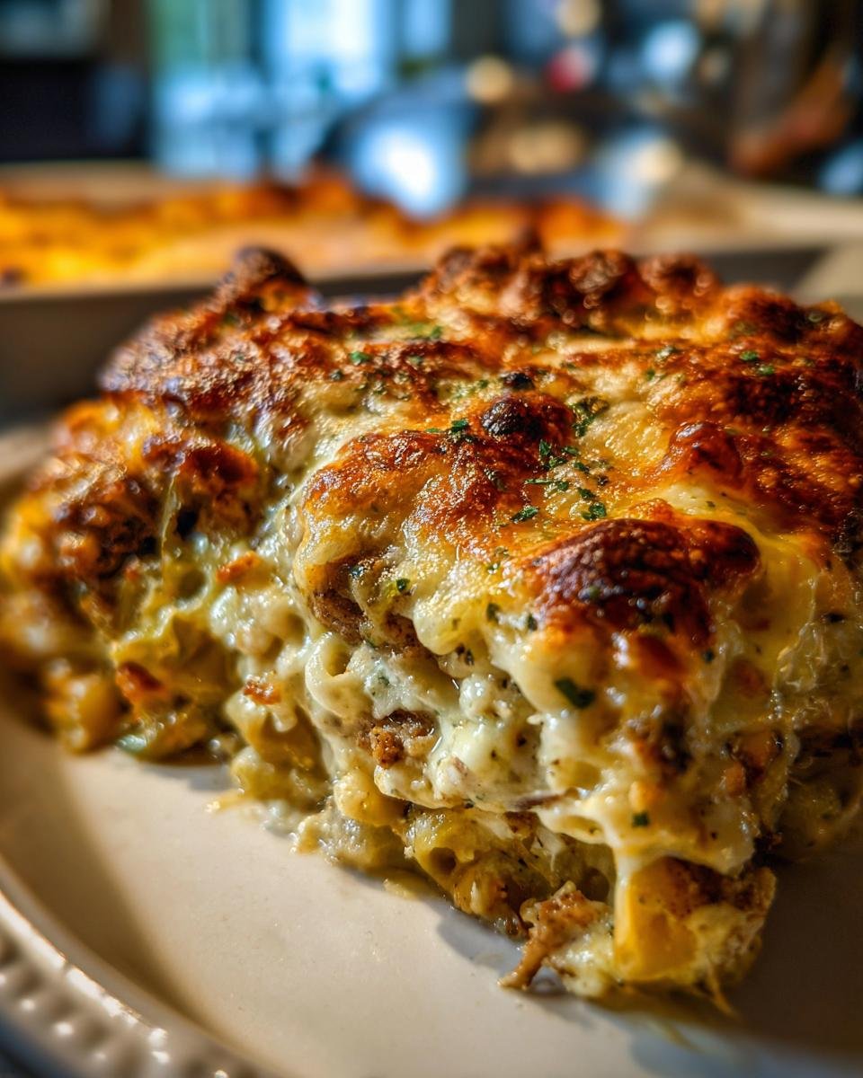 A delicious slice of Philly Cheesesteak Mac & Cheese with melted cheese on a white plate.