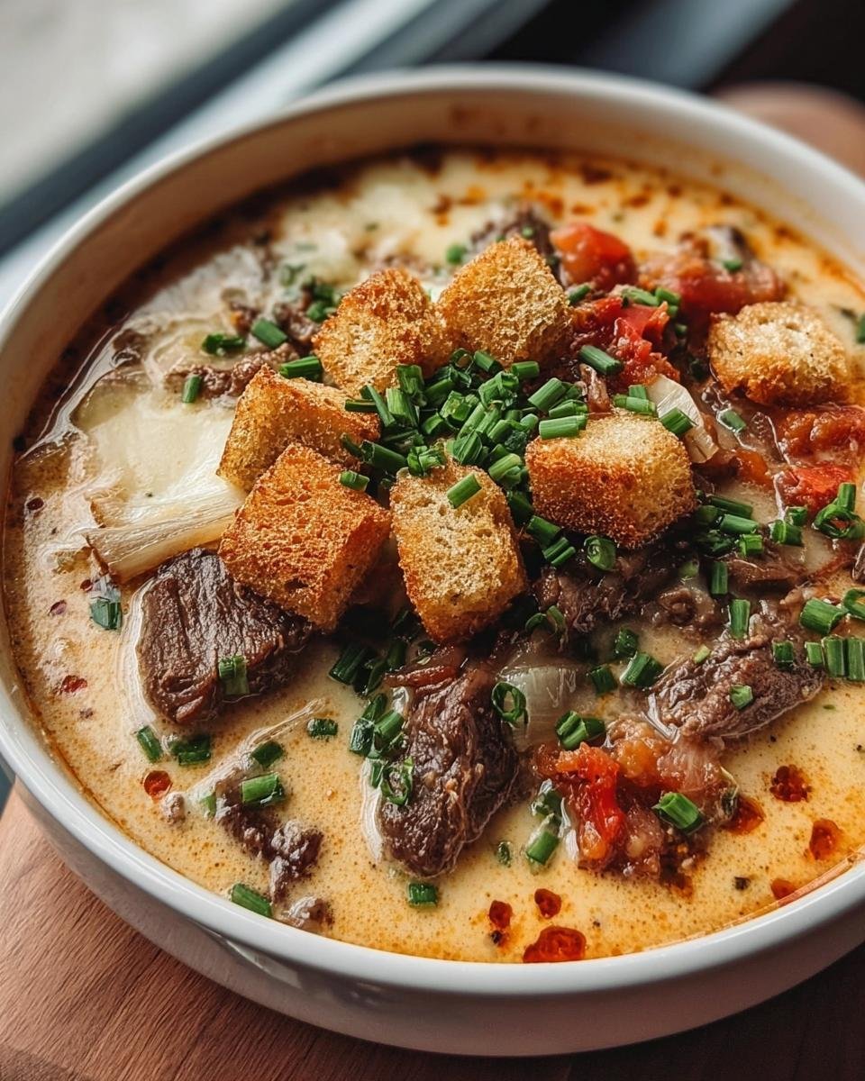 Close-up of Philly Cheesesteak Soup in a white bowl, topped with croutons and chives.