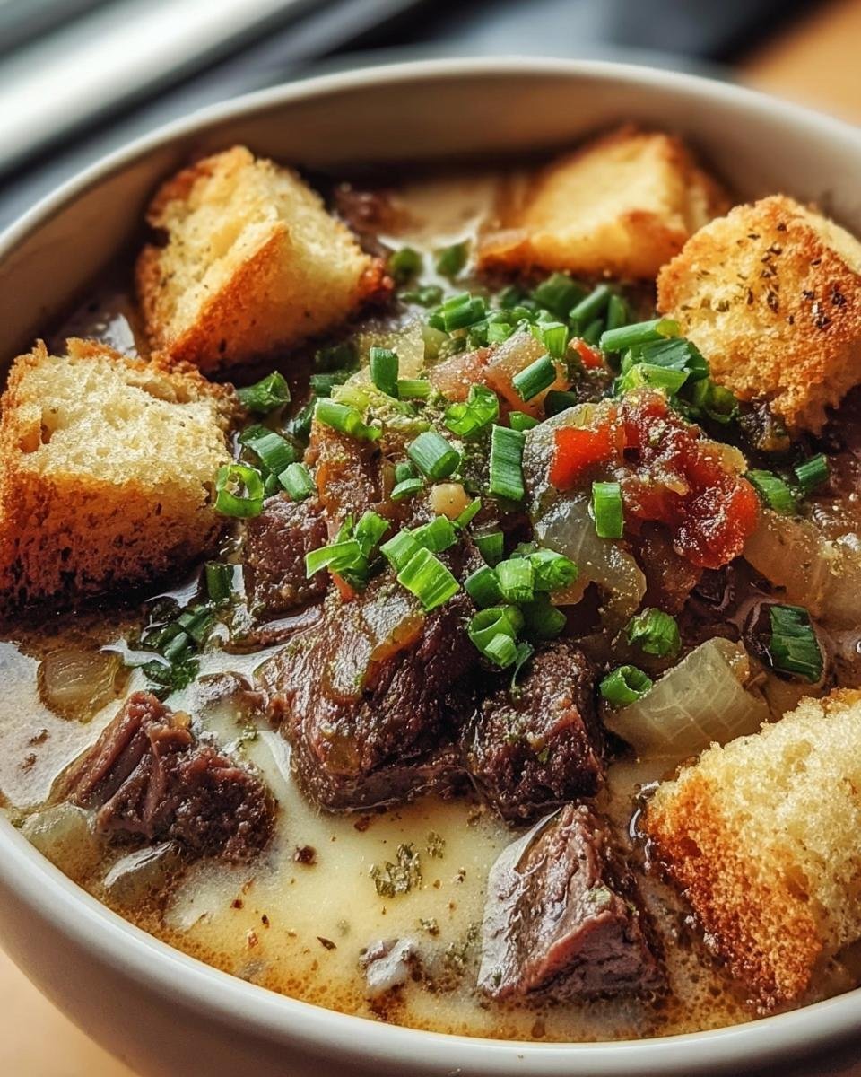 Close-up of Philly Cheesesteak Soup in a bowl, topped with croutons and chives.