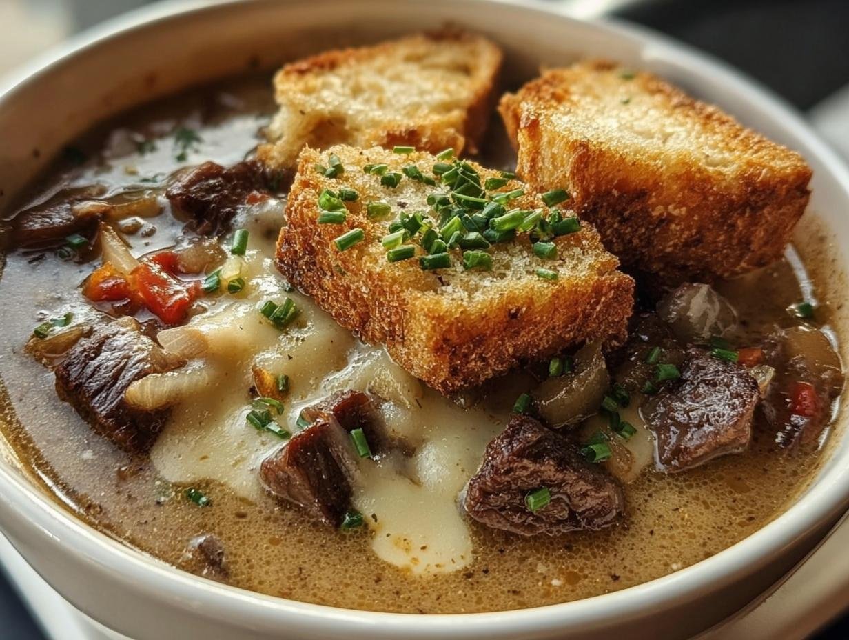 A bowl of Philly Cheesesteak Soup topped with melted cheese, croutons, and chives.