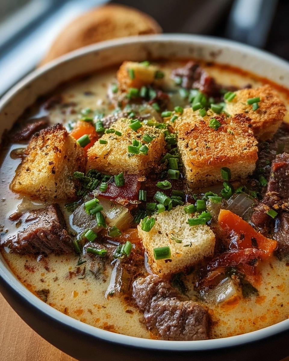 A bowl of creamy Philly Cheesesteak Soup topped with toasted croutons and fresh chives.