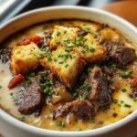 A bowl of Philly Cheesesteak Soup topped with croutons and chives, showcasing the creamy broth and tender beef.