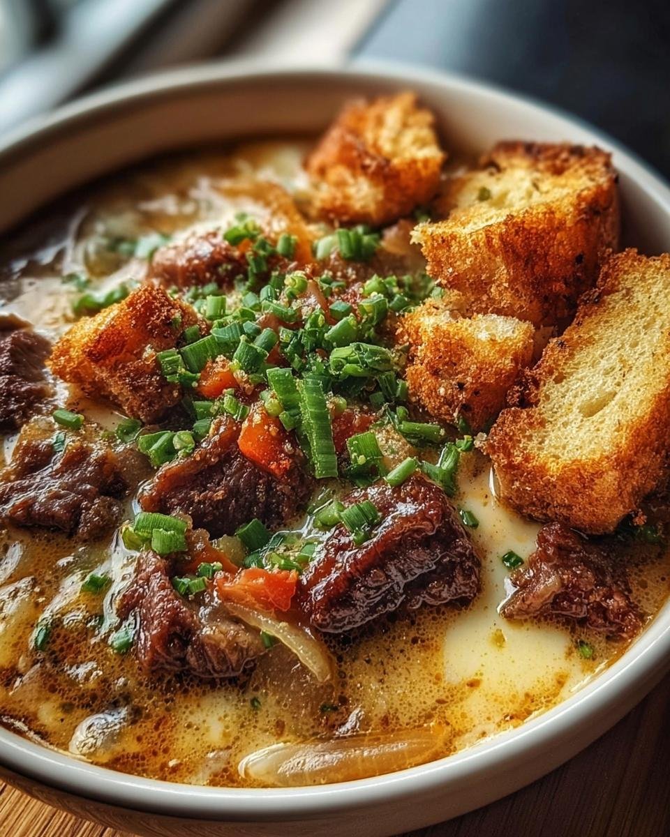 A bowl of Philly Cheesesteak Soup, topped with croutons and chopped chives.