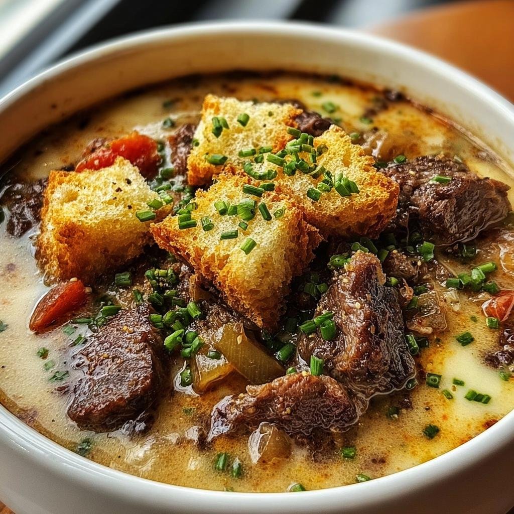A bowl of Philly Cheesesteak Soup topped with croutons and chives, showcasing the creamy broth and tender beef.