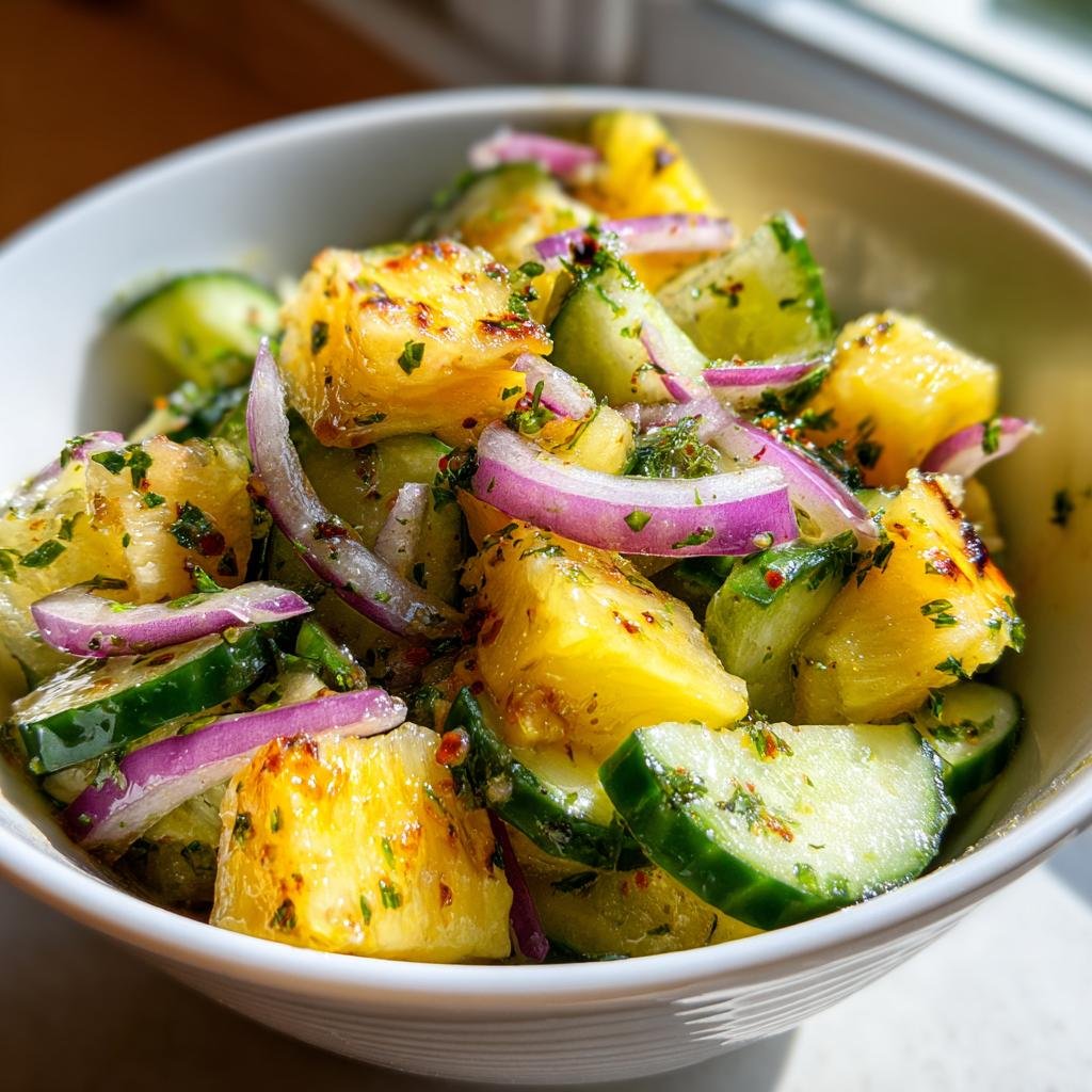 Close-up of a vibrant Pineapple Cucumber Salad with red onions in a white bowl.