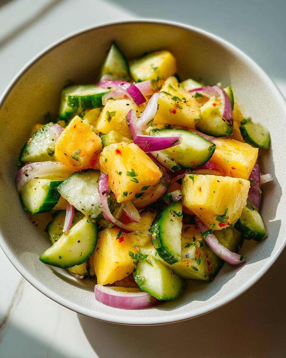 Overhead shot of a vibrant Pineapple Cucumber Salad with red onion in a white bowl.
