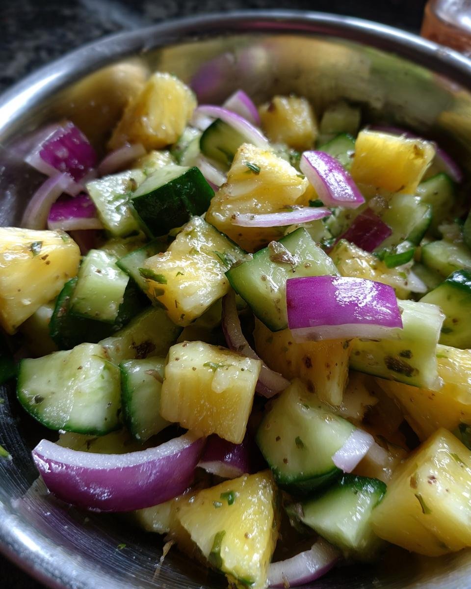 Close-up of a refreshing Pineapple Cucumber Salad with red onion in a metal bowl.