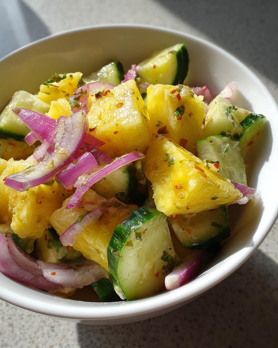 A vibrant bowl of Pineapple Cucumber Salad with red onions, cucumber, and pineapple chunks.