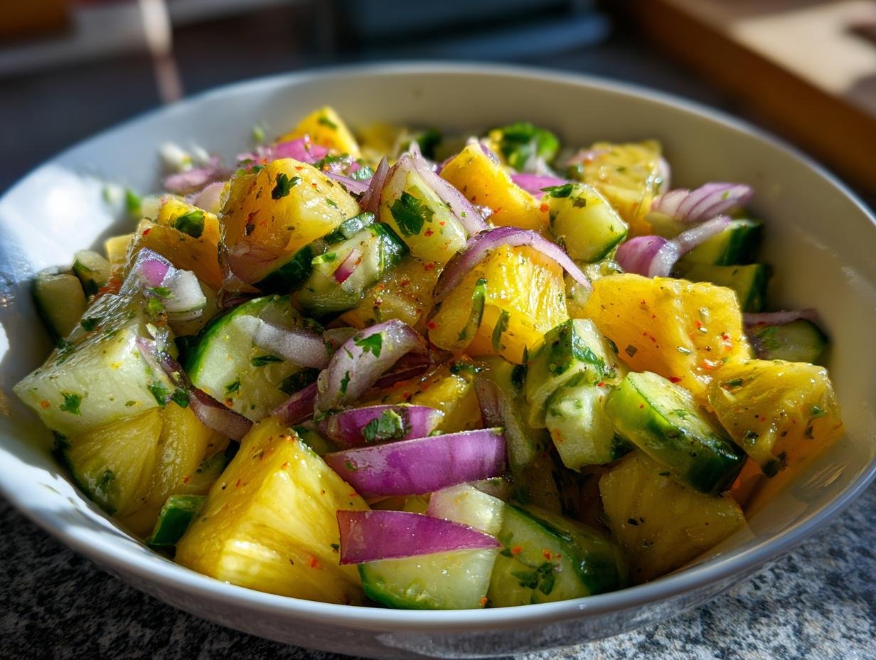 A vibrant bowl of Pineapple Cucumber Salad with red onion and herbs, ready to serve.