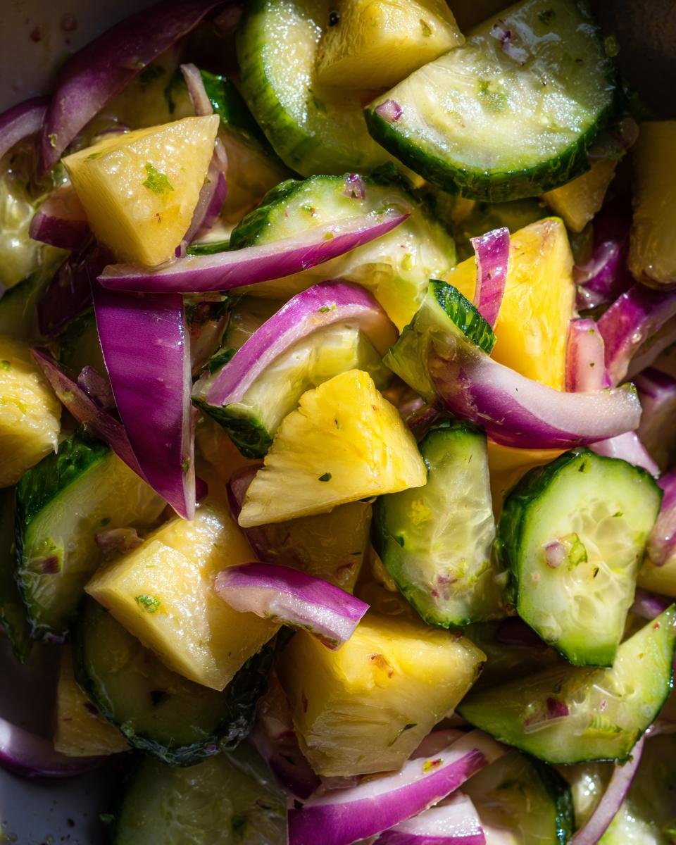 A vibrant close-up of Pineapple Cucumber Salad with red onion, showcasing the fresh ingredients and textures.