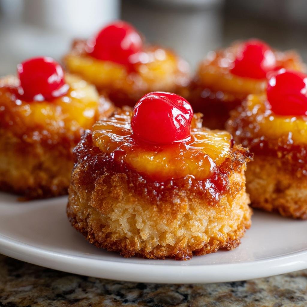 Close-up of Pineapple Upside-Down Cookies topped with pineapple and cherries on a white plate.