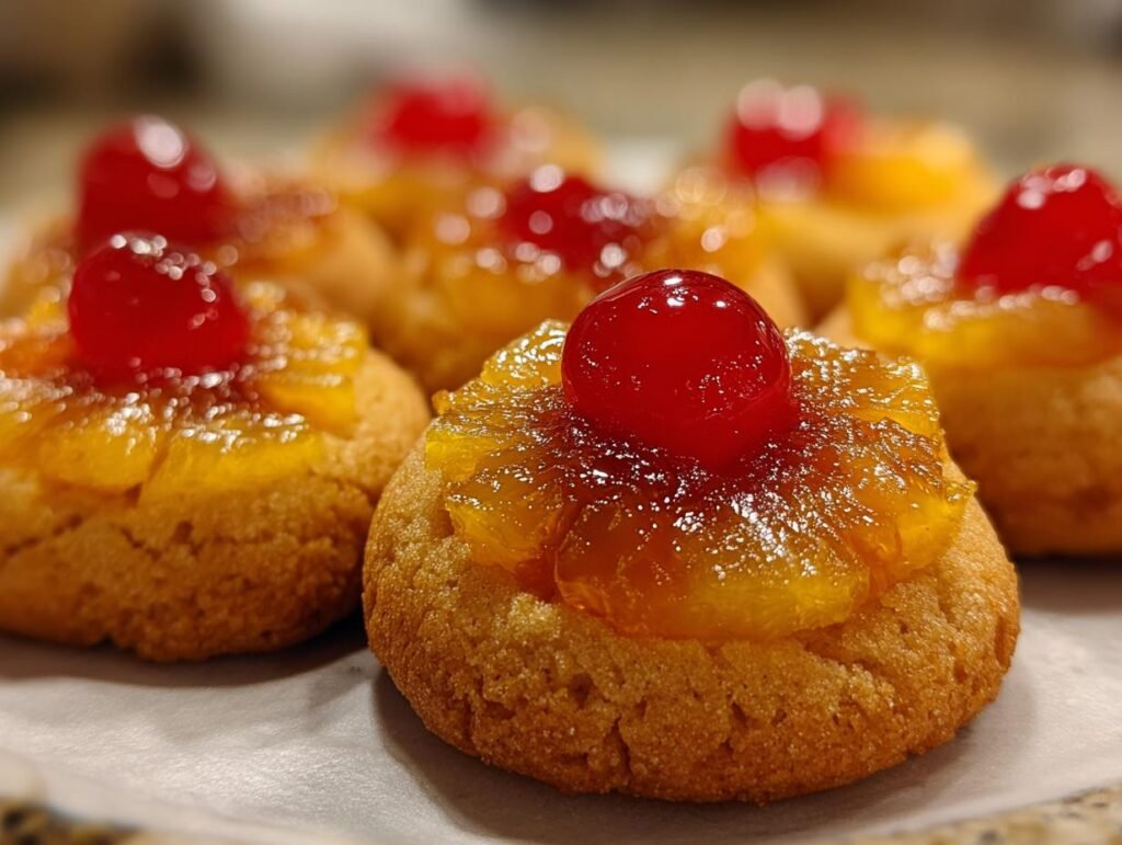 Delicious Pineapple Upside-Down Cookies topped with pineapple and a maraschino cherry.