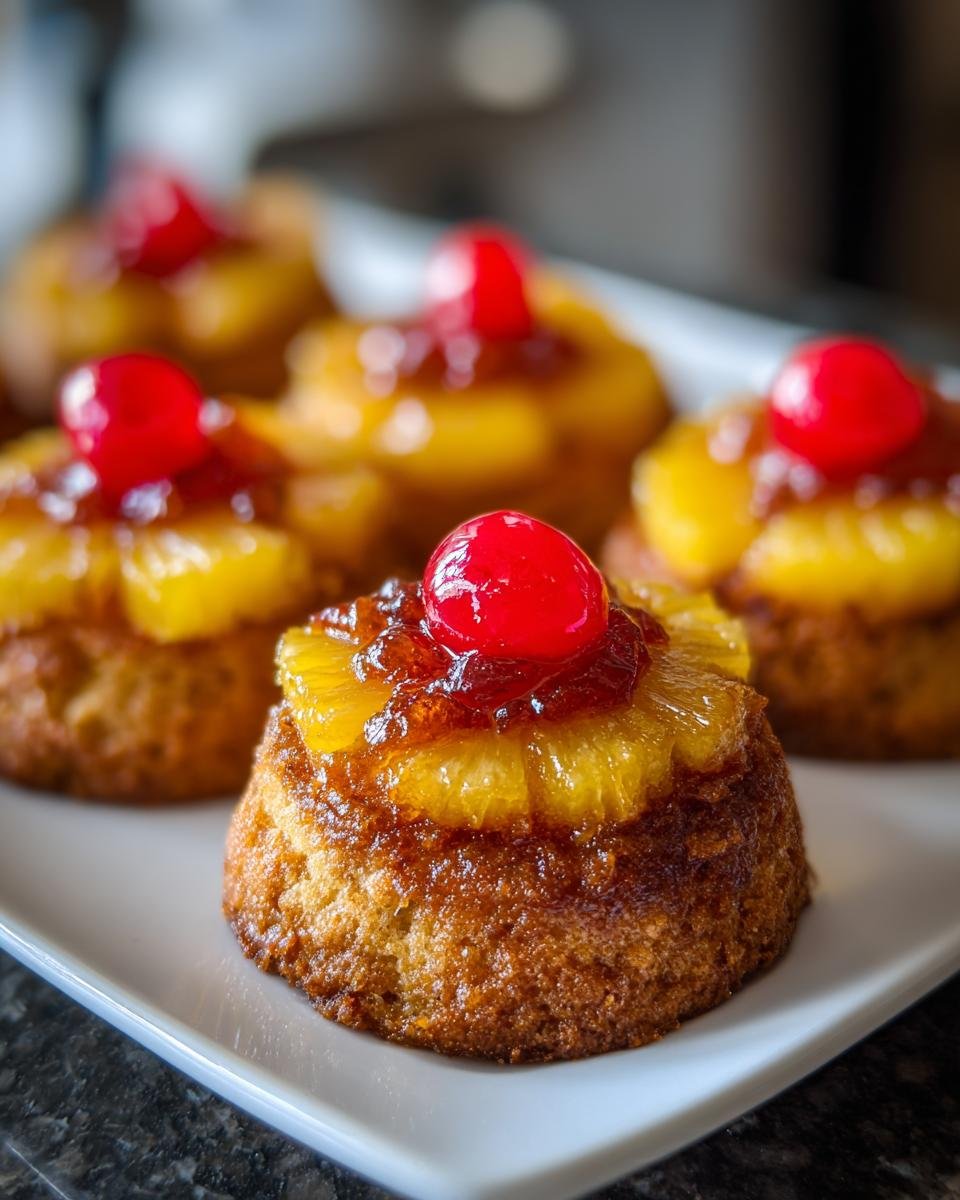 Several Pineapple Upside-Down Cookies on a white plate, each topped with pineapple and a cherry.