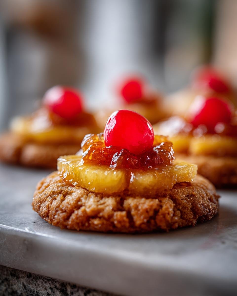 Close-up of Pineapple Upside-Down Cookies topped with pineapple, brown sugar glaze, and a cherry.