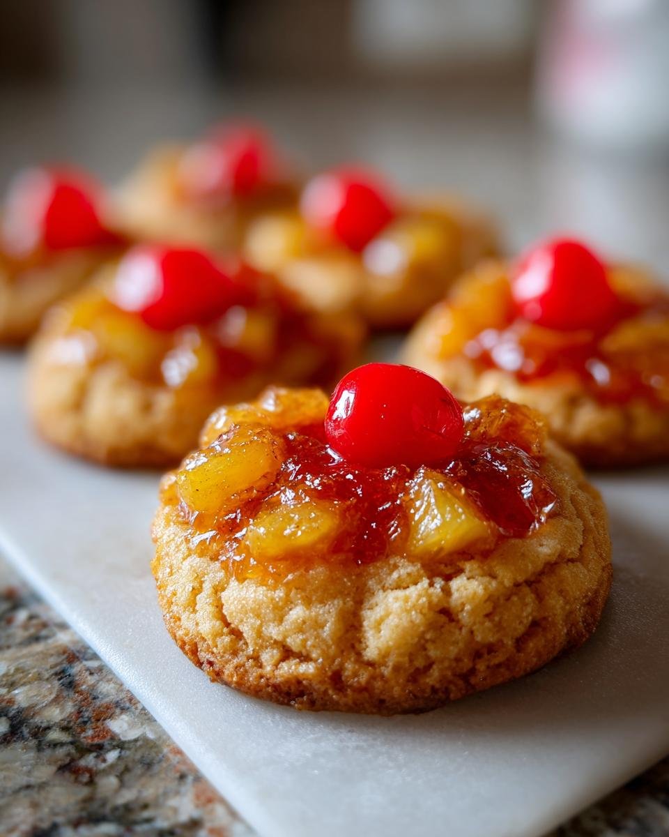 Close-up of Pineapple Upside-Down Cookies topped with pineapple and a cherry on a white surface.