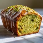 A loaf of Pistachio Pudding Bread with glaze and chopped pistachios, showing the green interior.