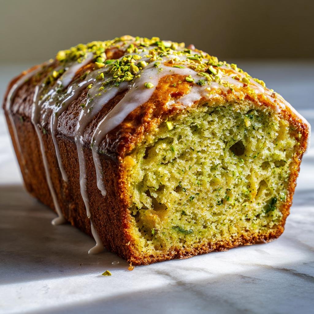 A loaf of Pistachio Pudding Bread with glaze and chopped pistachios, showing the green interior.