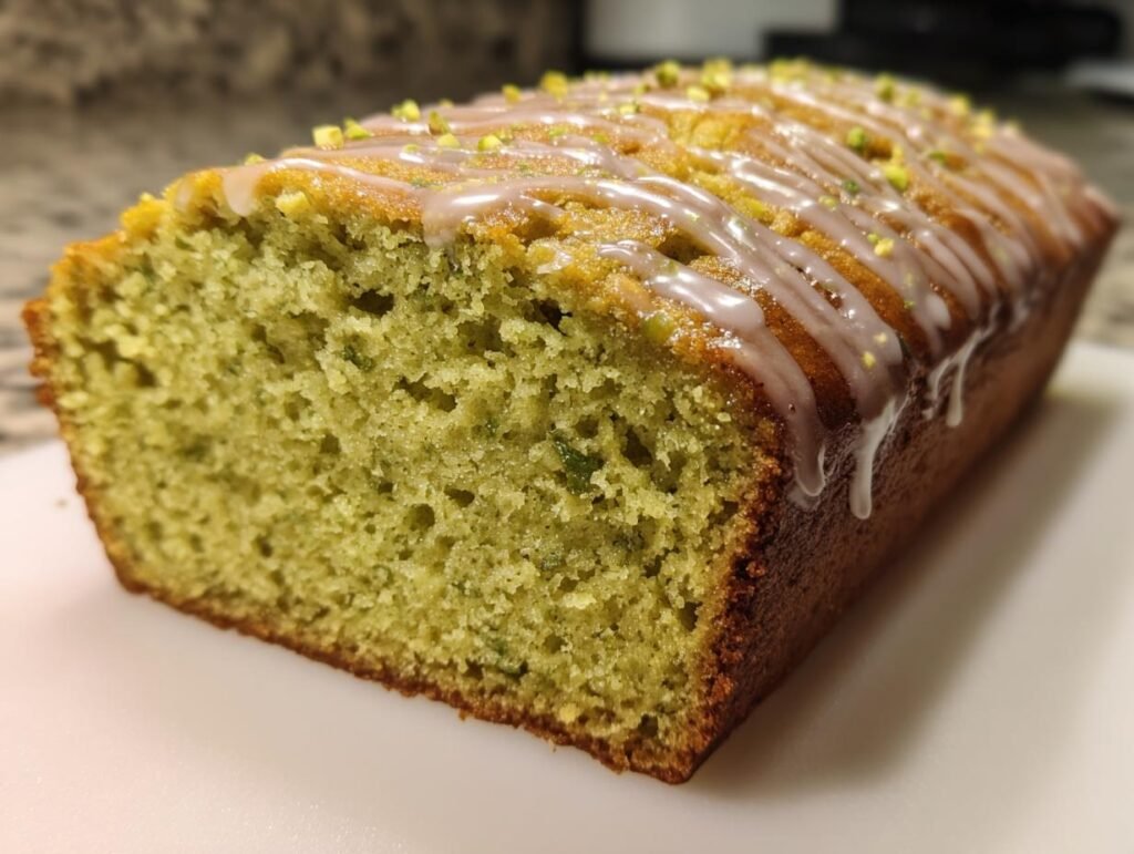 A loaf of Pistachio Pudding Bread with a glaze and chopped pistachios on top, showing the texture of the bread.