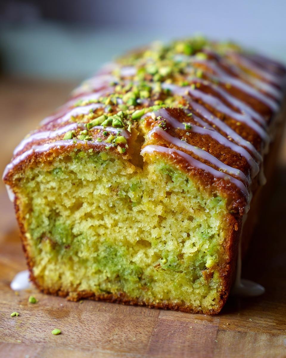 Close-up of Pistachio Pudding Bread loaf with icing and chopped pistachios on a wooden board.