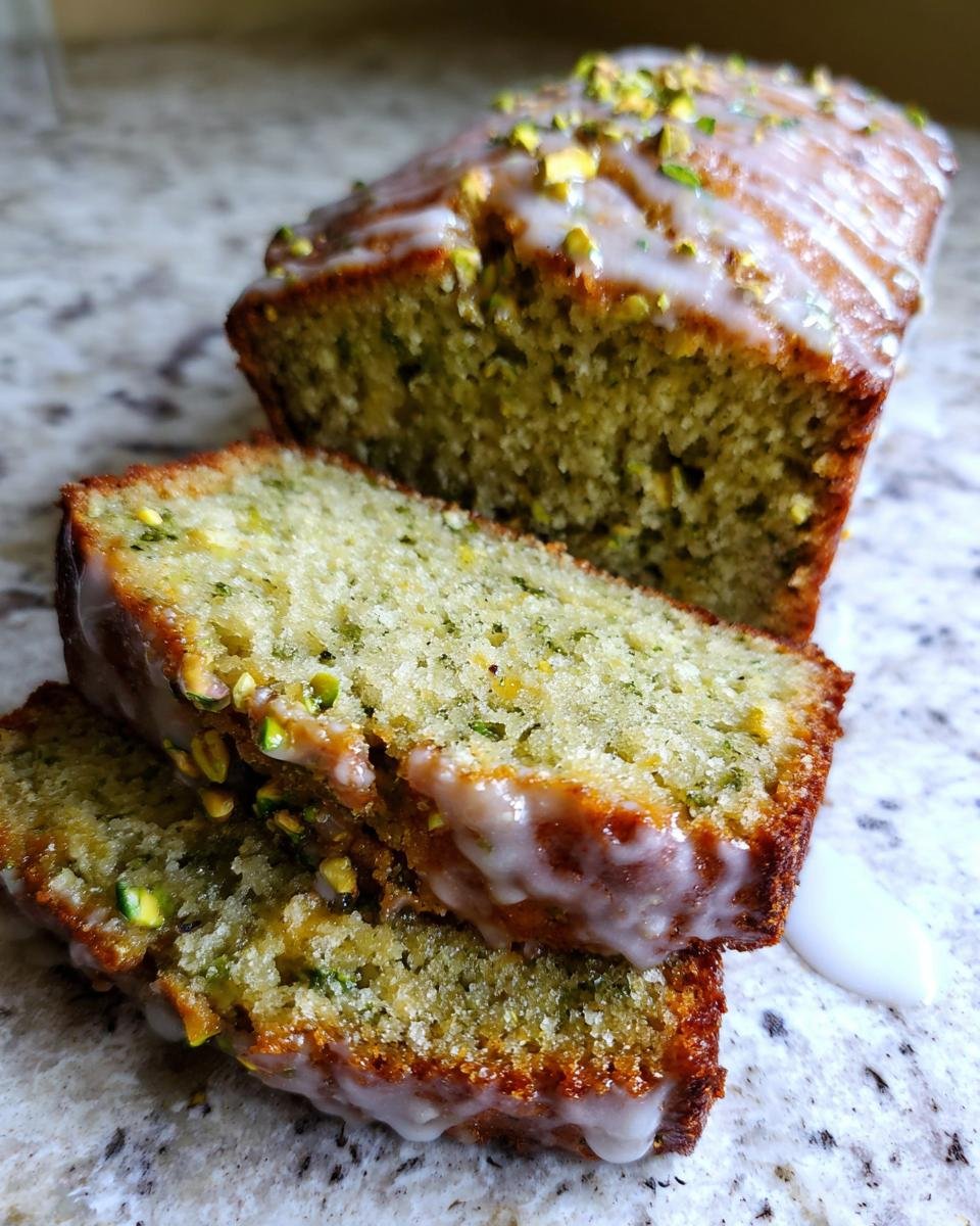 A loaf of Pistachio Pudding Bread with a glaze and chopped pistachios, with two slices cut and stacked.