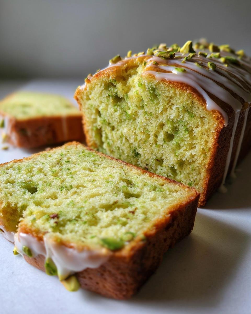 Close-up of pistachio pudding bread loaf with a slice cut, topped with glaze and chopped pistachios.