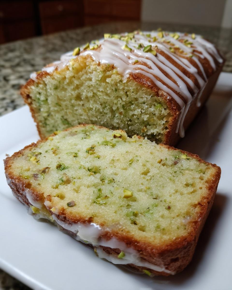 A loaf of Pistachio Pudding Bread with a slice cut, topped with icing and pistachios.