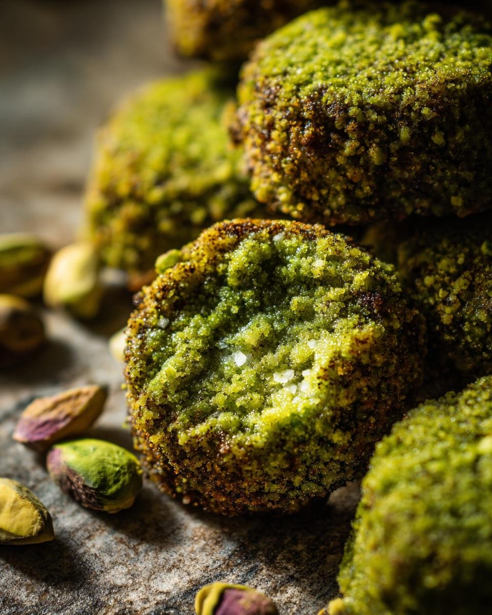 Close up of Pistachio Wedding Cookies, showing the green pistachio coating and crumbly texture, with pistachio nuts scattered around.
