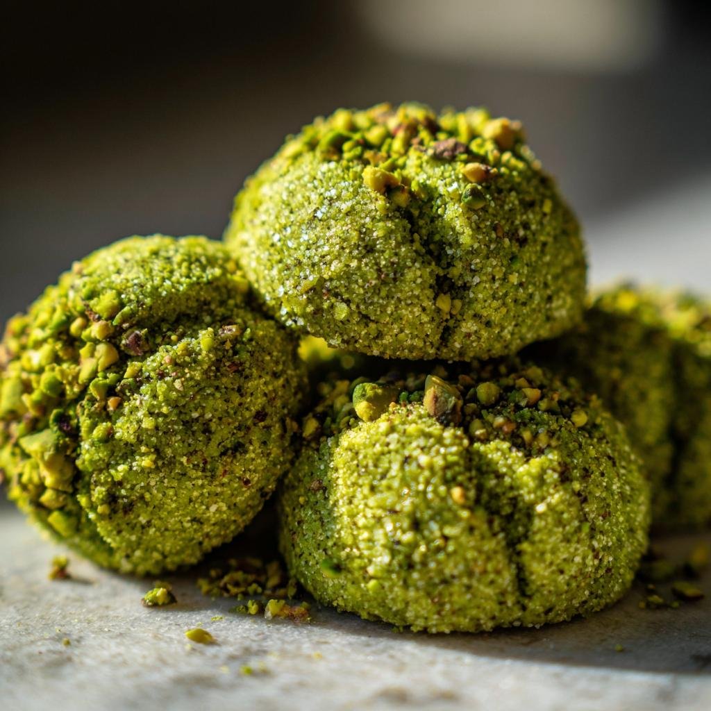 A stack of four green Pistachio Wedding Cookies, coated in sugar and chopped pistachios.