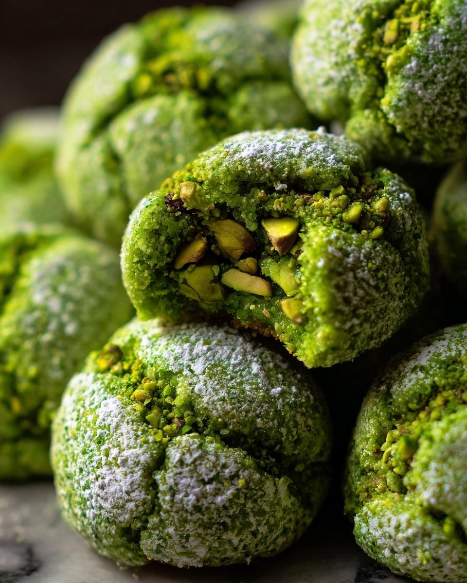 Close-up of Pistachio Wedding Cookies, one broken open to show pistachio filling, dusted with powdered sugar.
