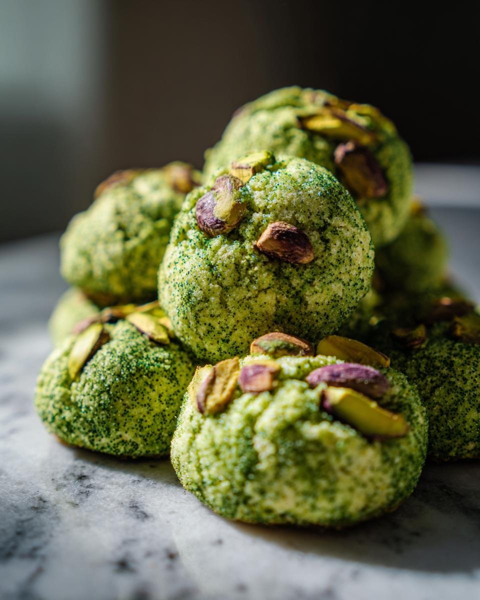 A stack of green Pistachio Wedding Cookies topped with chopped pistachios on a marble surface.