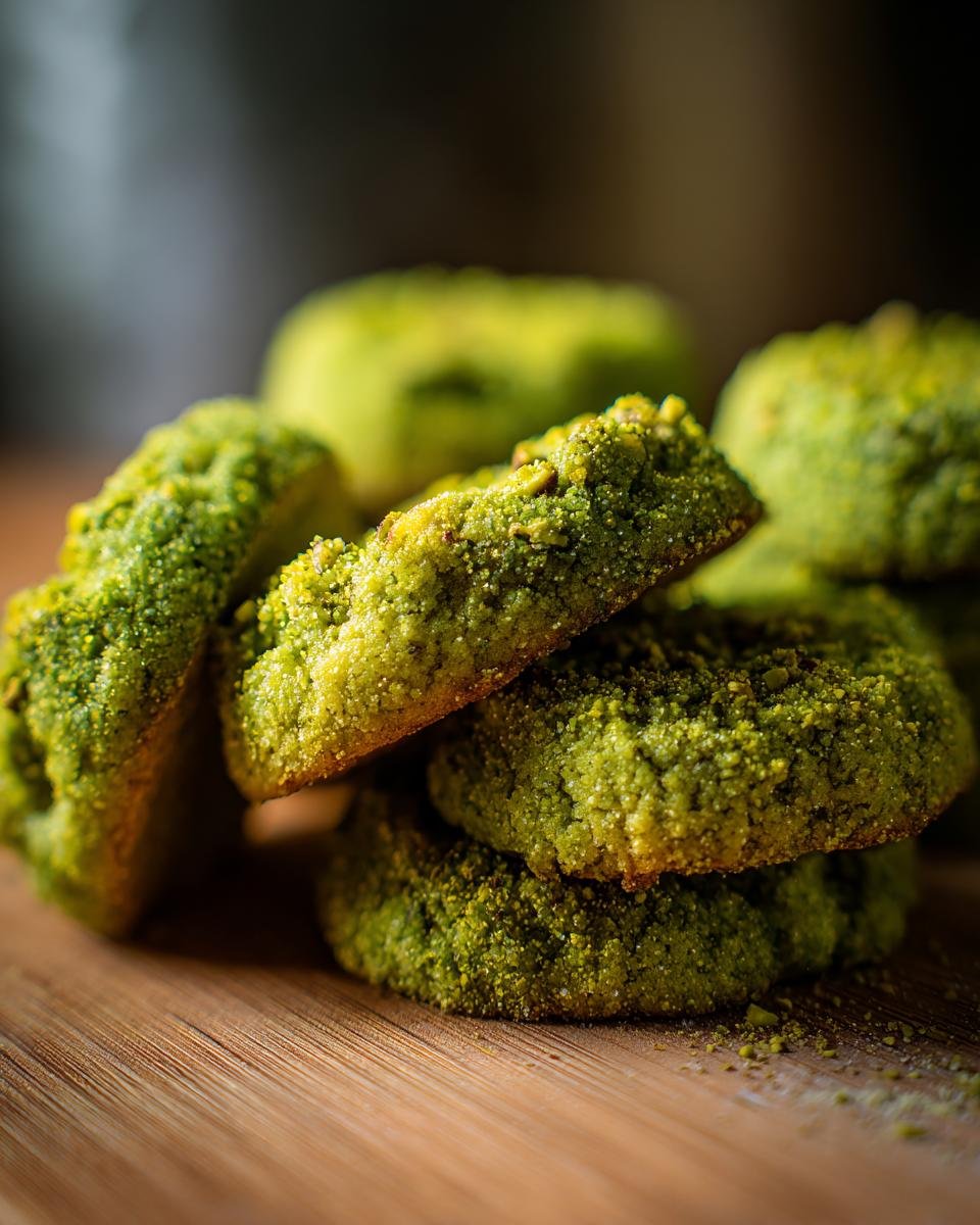 A close-up of stacked Pistachio Wedding Cookies, showcasing their green color and crumbly texture.