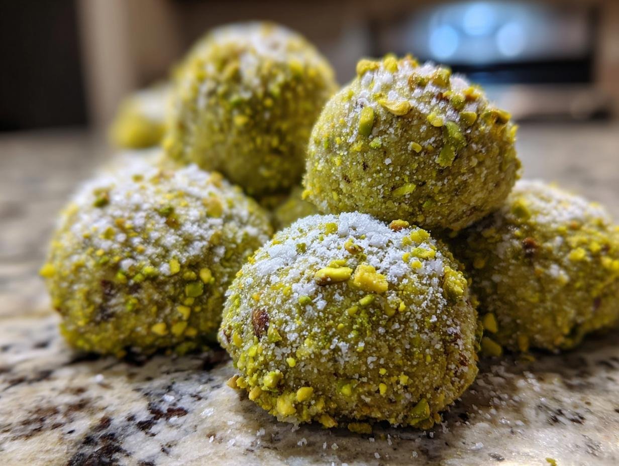 A stack of pistachio wedding cookies, coated in chopped pistachios and powdered sugar.