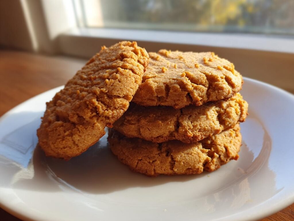 A stack of homemade Protein Greek Yogurt Cookies on a white plate, lit by natural light from a nearby window.
