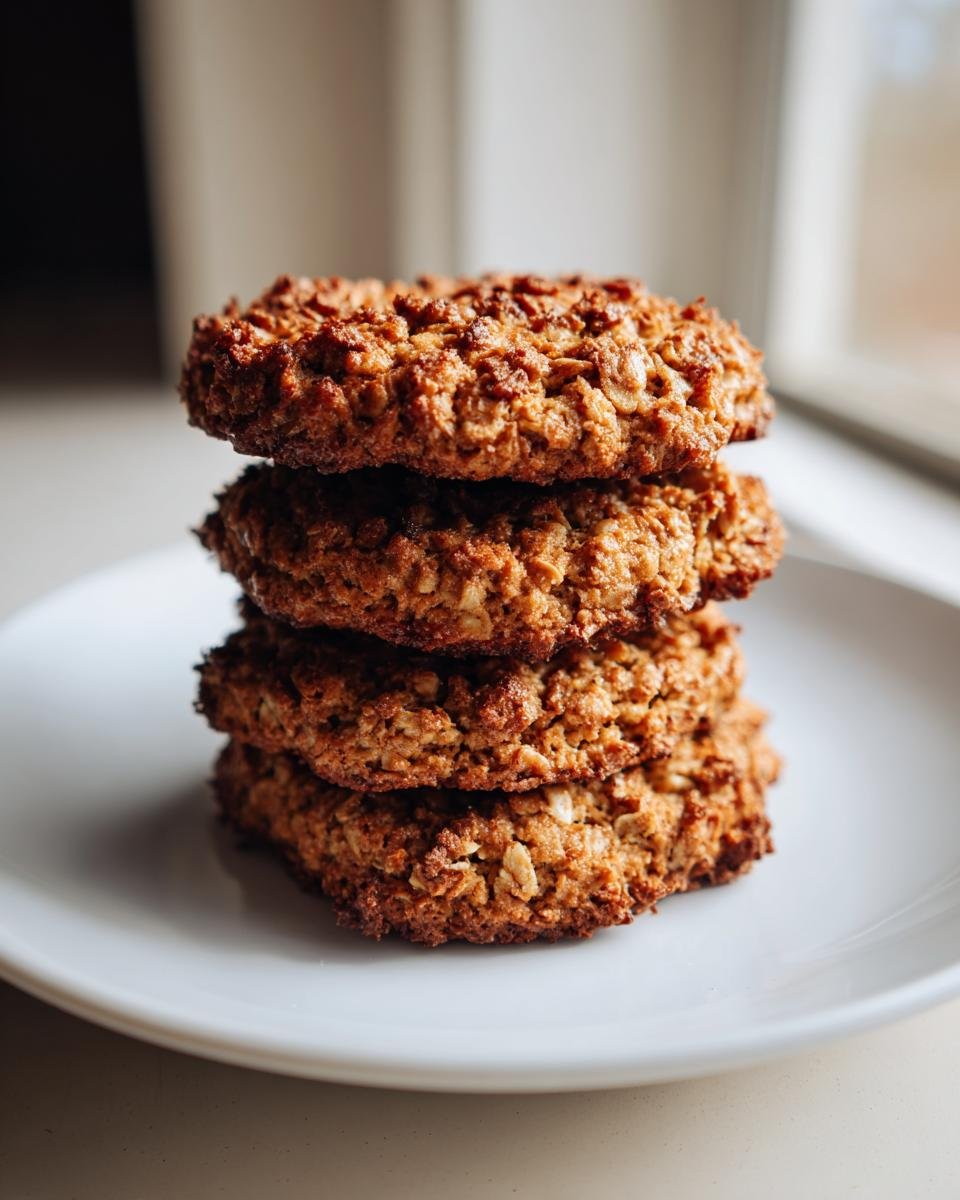 A stack of four homemade Protein Greek Yogurt Cookie on a white plate, showcasing their texture.