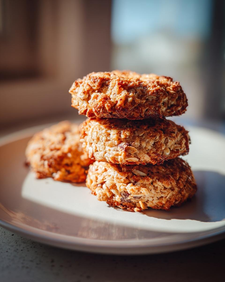 A stack of three Protein Greek Yogurt Cookie on a plate, lit by natural light.