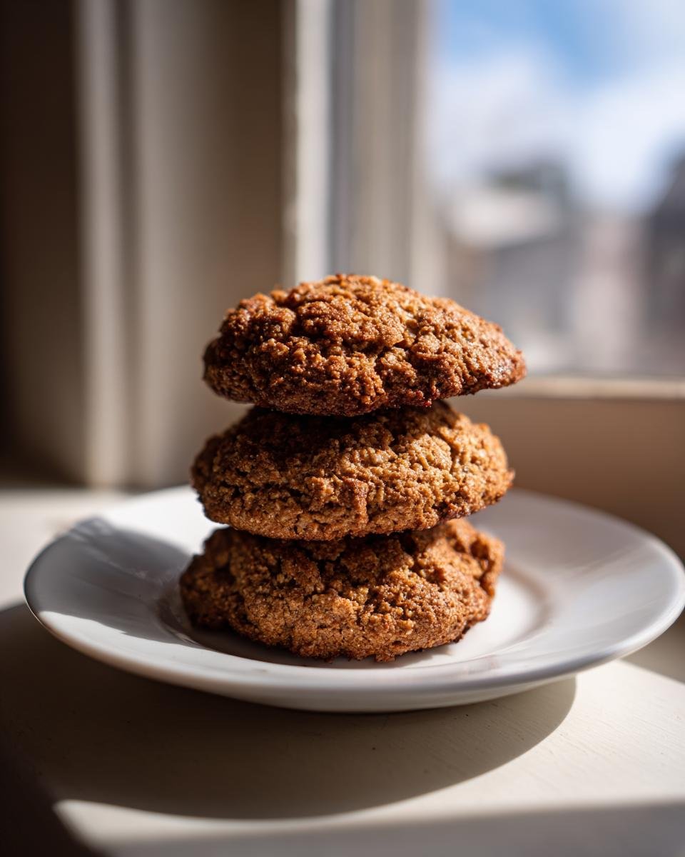 A stack of three Protein Greek Yogurt Cookie on a white plate, lit by natural light from a nearby window.