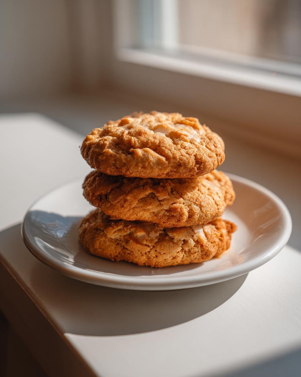 A stack of three Protein Greek Yogurt Cookies on a white plate, lit by window light.
