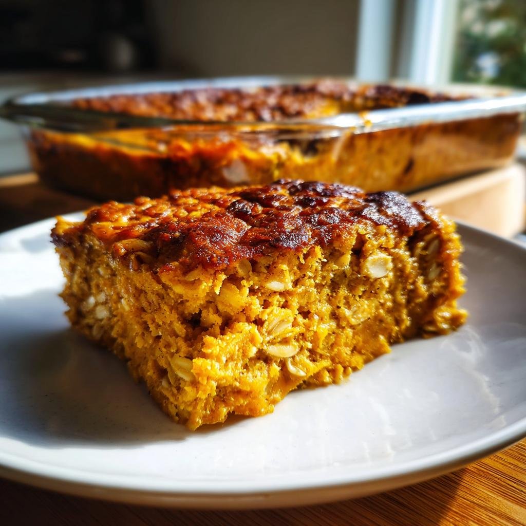 A slice of Pumpkin Baked Oatmeal on a white plate, with the baking dish in the background.